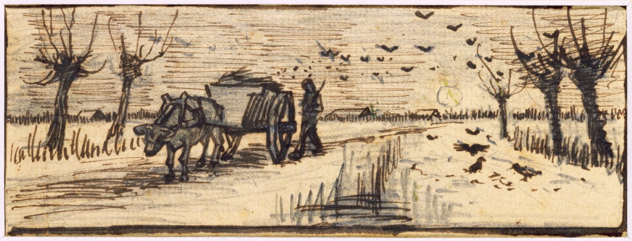 雪の中の牛車、四季を表す4つの絵のシリーズ（鉛筆、ペンと茶色のインク、紙の上）（61644-6も参照） 作： ヴィンセント・ヴァン・ゴッホ