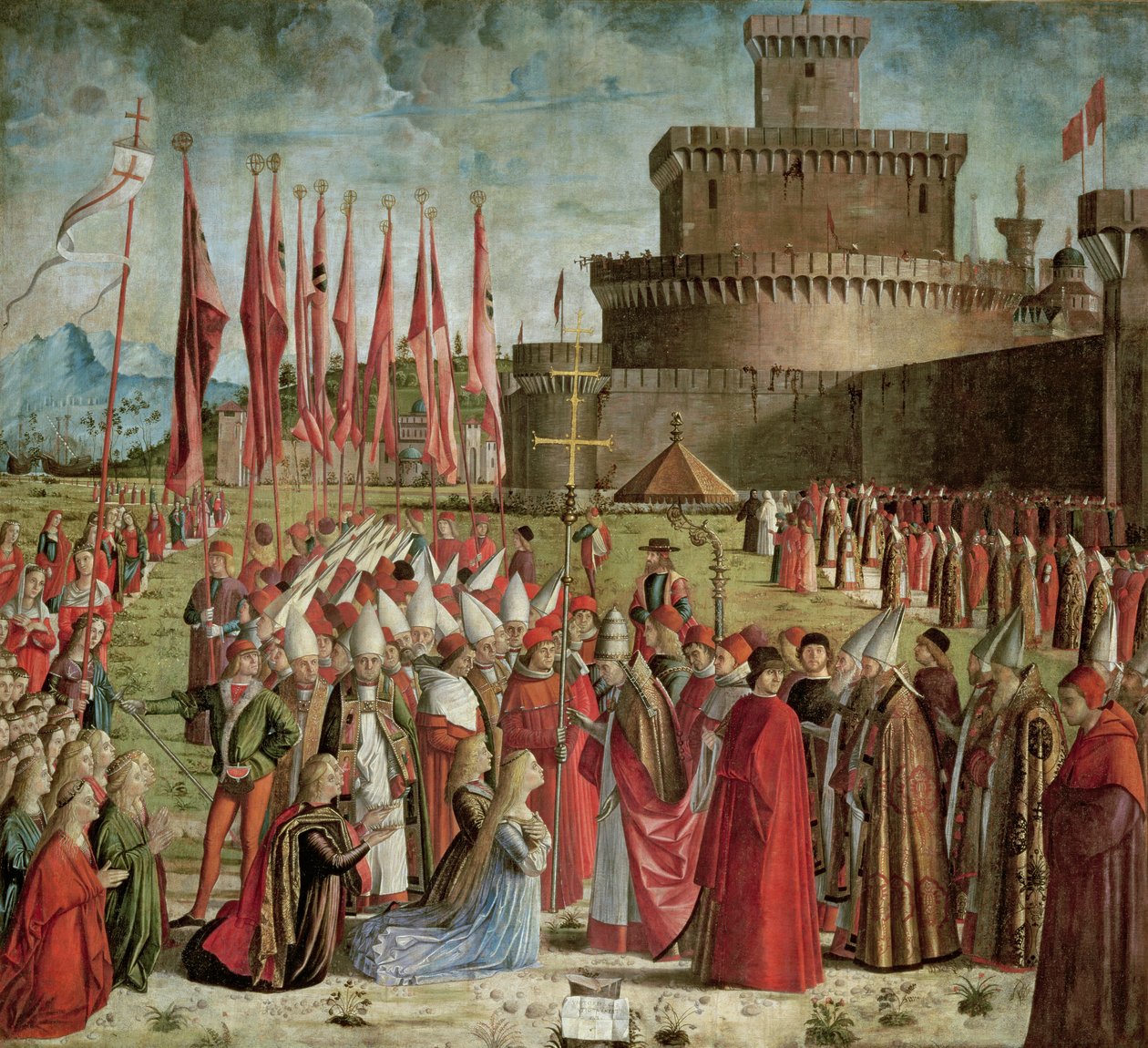 巡礼者はローマの城壁の前で教皇キリアックと出会う、1498年のセントウルスラサイクル 作： ヴィットーレカルパッチョ