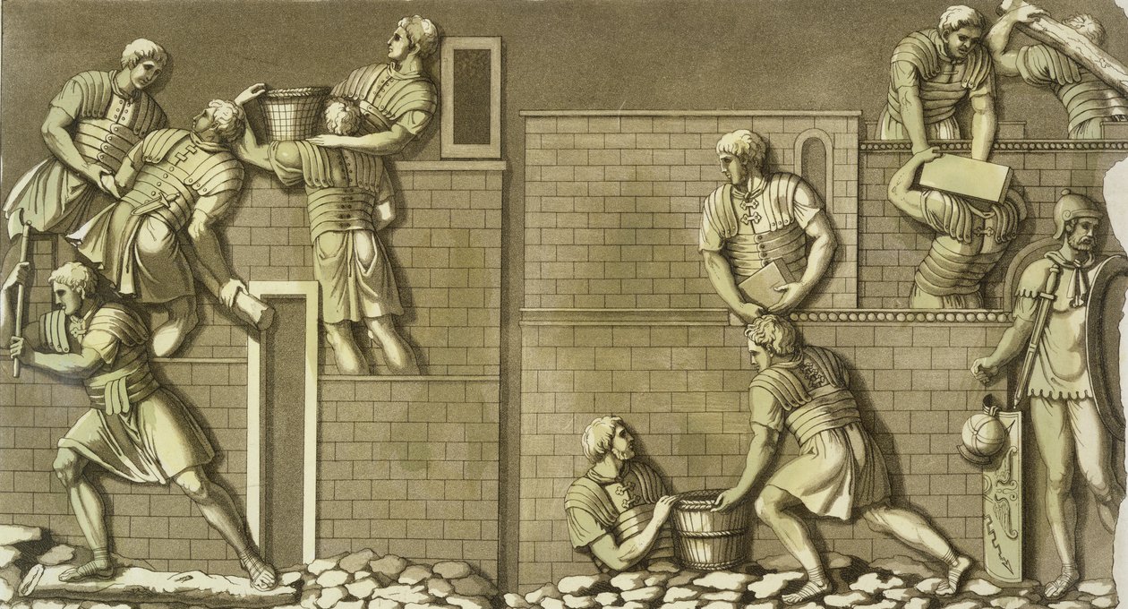 ジュールズフェラーリオ作の「ルコスチュームアンシェンエモデルヌ」の砦21を構築するローマの兵士、1820年代から30年代に出版 作： ヴィットリオ・ライネリ