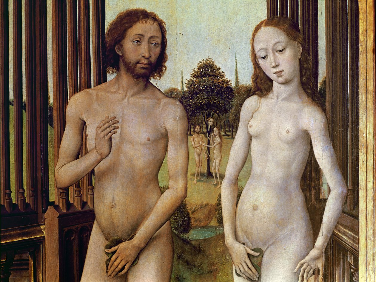 アダムとイブは蛇にリンゴを食べようと誘惑された後、エデンの園から追放されました。1460年頃（488611の詳細） 作： ヴランケ・ファン・デル・ストックト