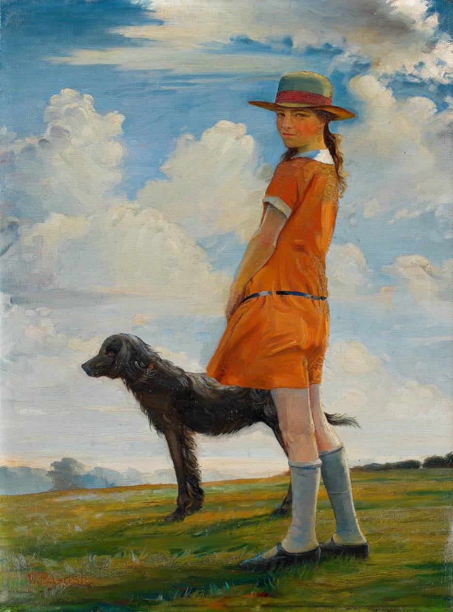 1924年頃、牧師の犬を散歩させるアーティストの娘 作： ウォルター・ボナー・ガッシュ