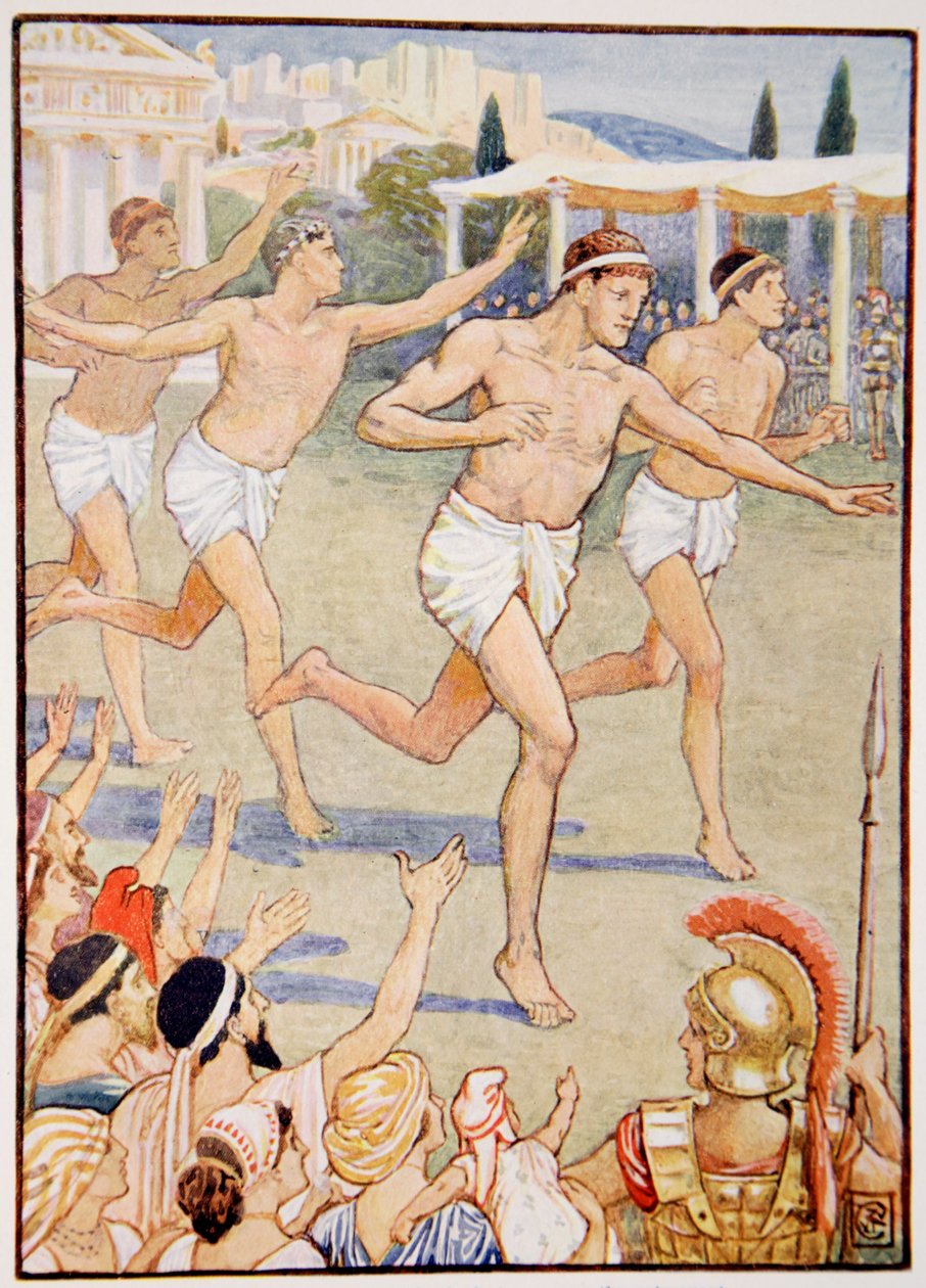 昔は単純な足競争が唯一のイベントでした。メアリーマクレガーによるギリシャの物語のイラスト、1913年（カラープリント） 作： ウォルター・クレーン