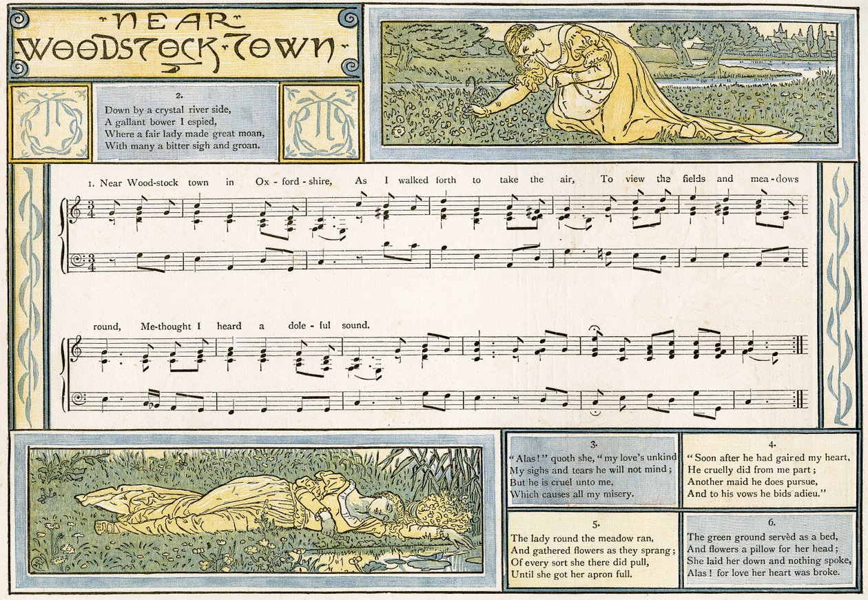 「Near Woodstock Town」、「Pan-Pipes」の歌のイラスト、A Book of Old Songs、新しくアレンジ、Theoによる伴奏付き。 Marzials、ロンドンでGeorge Routledge und Sonsによって公開された、1884年（色l 作： ウォルター・クレーン
