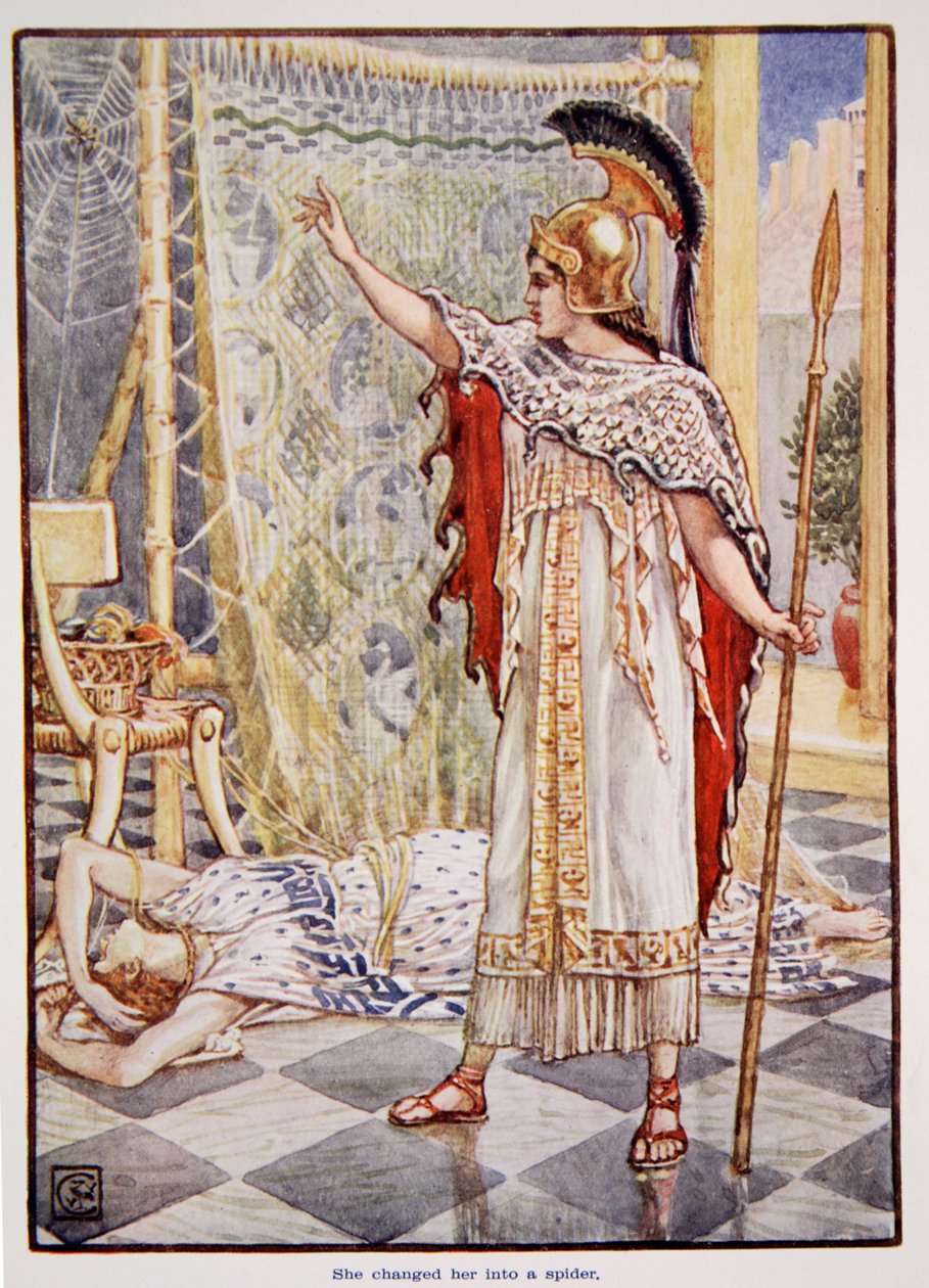 彼女は彼女をクモに変えました、メアリー・マクレガーによる「ギリシャの物語」、第1版、1913年（カラープリント）のイラスト 作： ウォルター・クレーン