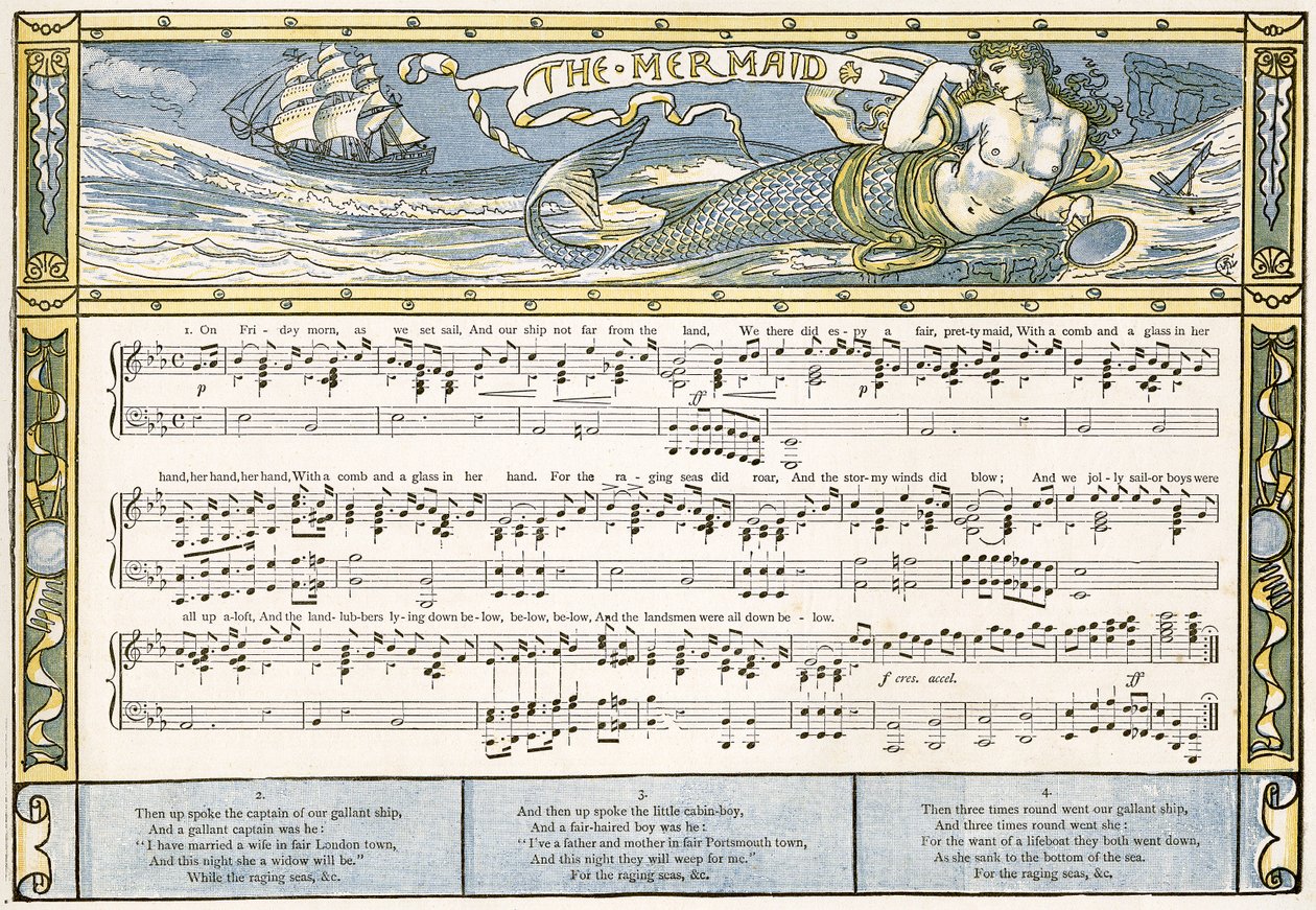 「The Mermaid」、「Pan-Pipes」の歌のイラスト、古歌の本、新しくアレンジされ、Theoの伴奏付き。 Marzials、ジョージ・ラウトレッジとサンズ、1884年にロンドンで公開 作： ウォルター・クレーン