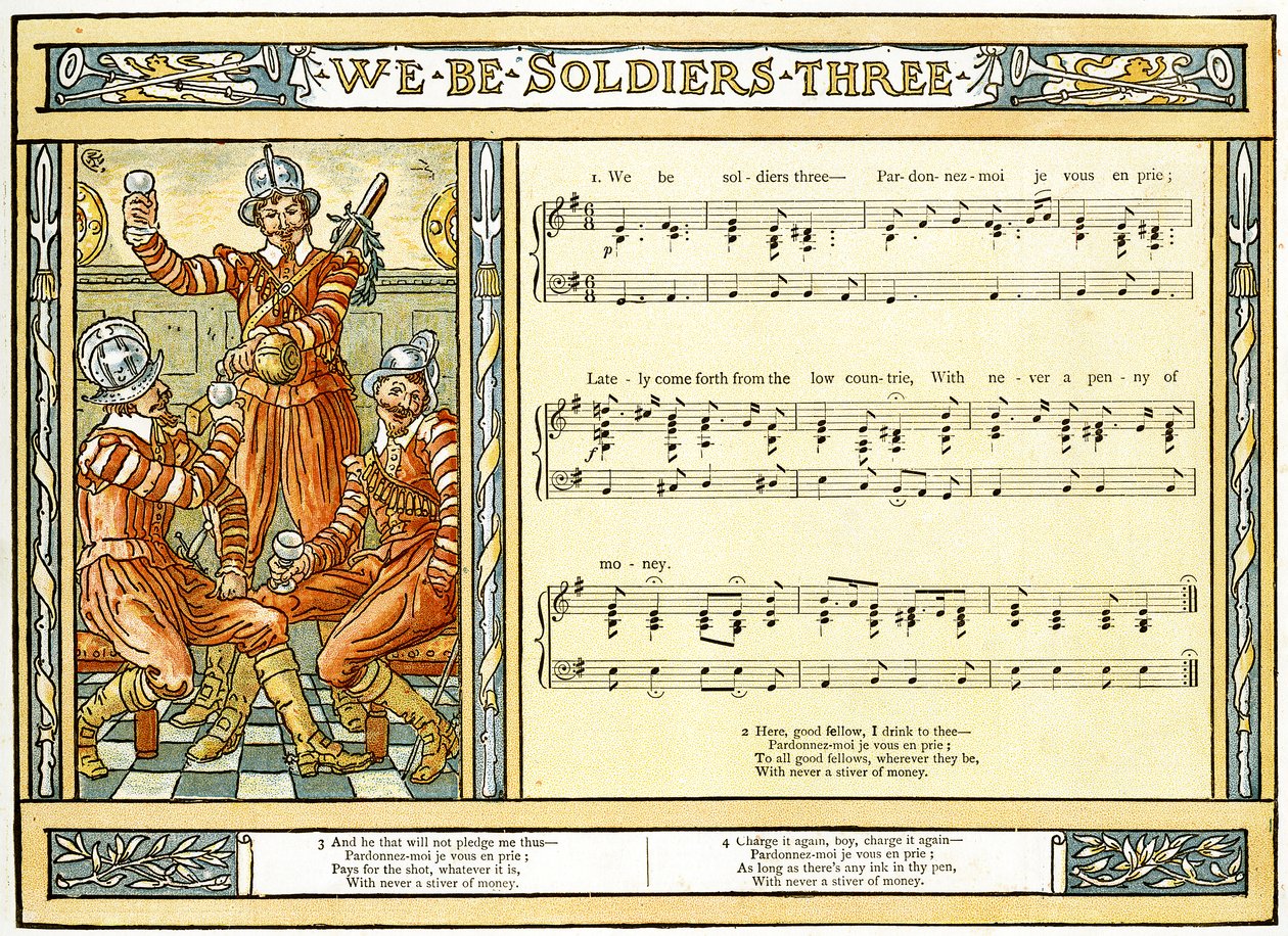 「We Be Soldiers Three」、「Pan-Pipes」の歌のイラスト、古歌の本、新しくアレンジされ、Theoの伴奏付き。 Marzials、George Routledge und Sons、1884年にロンドンで発行（カラー 作： ウォルター・クレーン