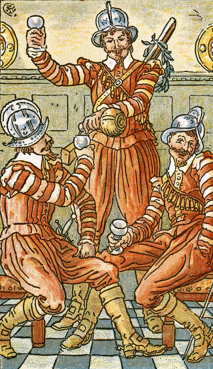 「We Be Soldiers Three」、「Pan-Pipes」の歌のイラスト、古歌の本、新しくアレンジされ、Theoの伴奏付き。 Marzials、George Routledge und Sons、1884年にロンドンで発行（カラー 作： ウォルター・クレーン