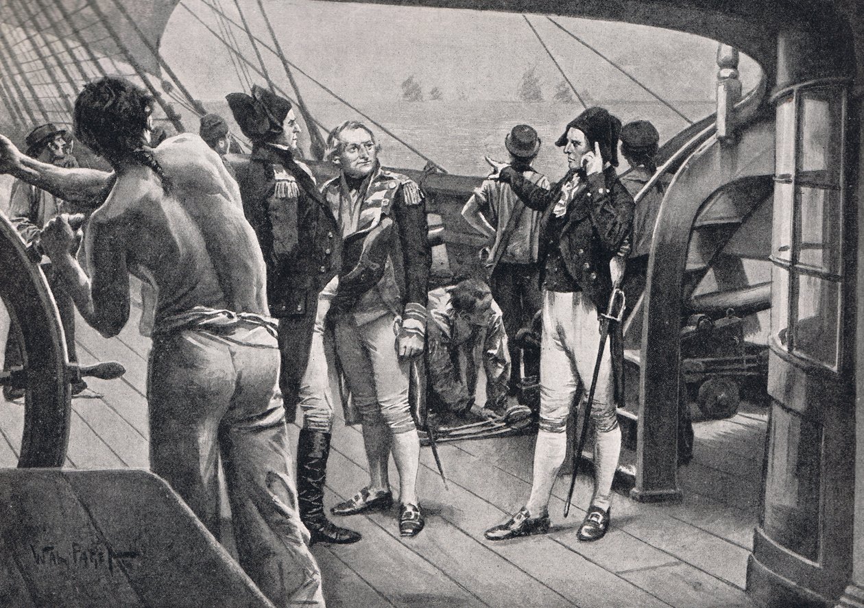 ジョン卿、27隻のラインの帆があり、「陸と海でのイギリスの戦い」の図解、カッセル、ロンドン、1910年頃 作： ウォルター・スタンレー・パジェット