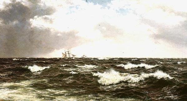 海中に浮かぶ船のある海景 作： ウォルター・ショー