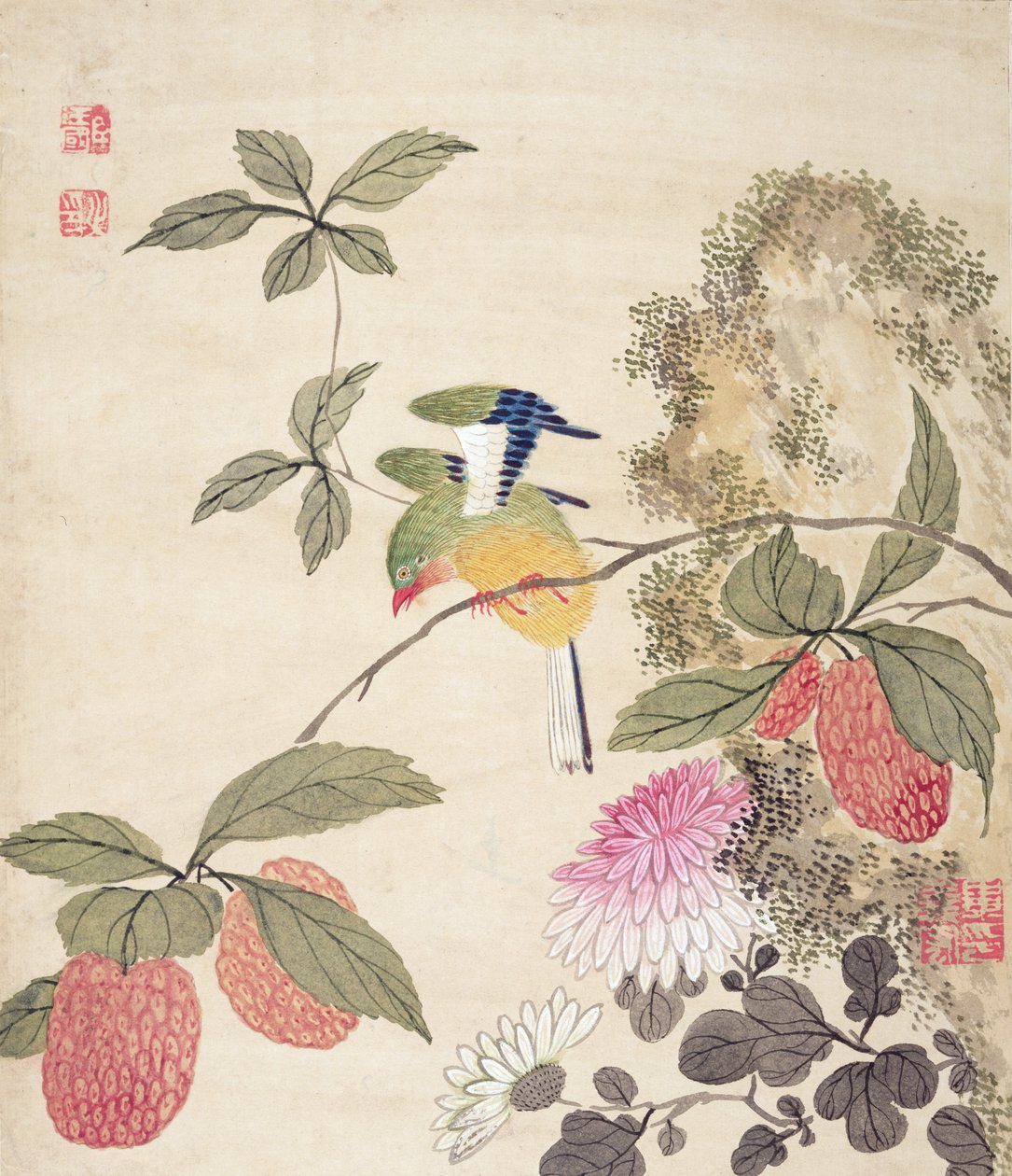 19世紀後半の鳥と果物の一連の絵画の1つ 作： 王国甲