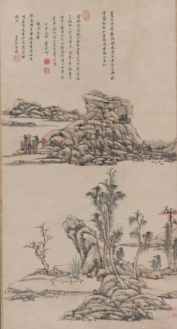 仁王朝様式の秋山、清朝、1704年（紙にインクと色） 作： 王元旗