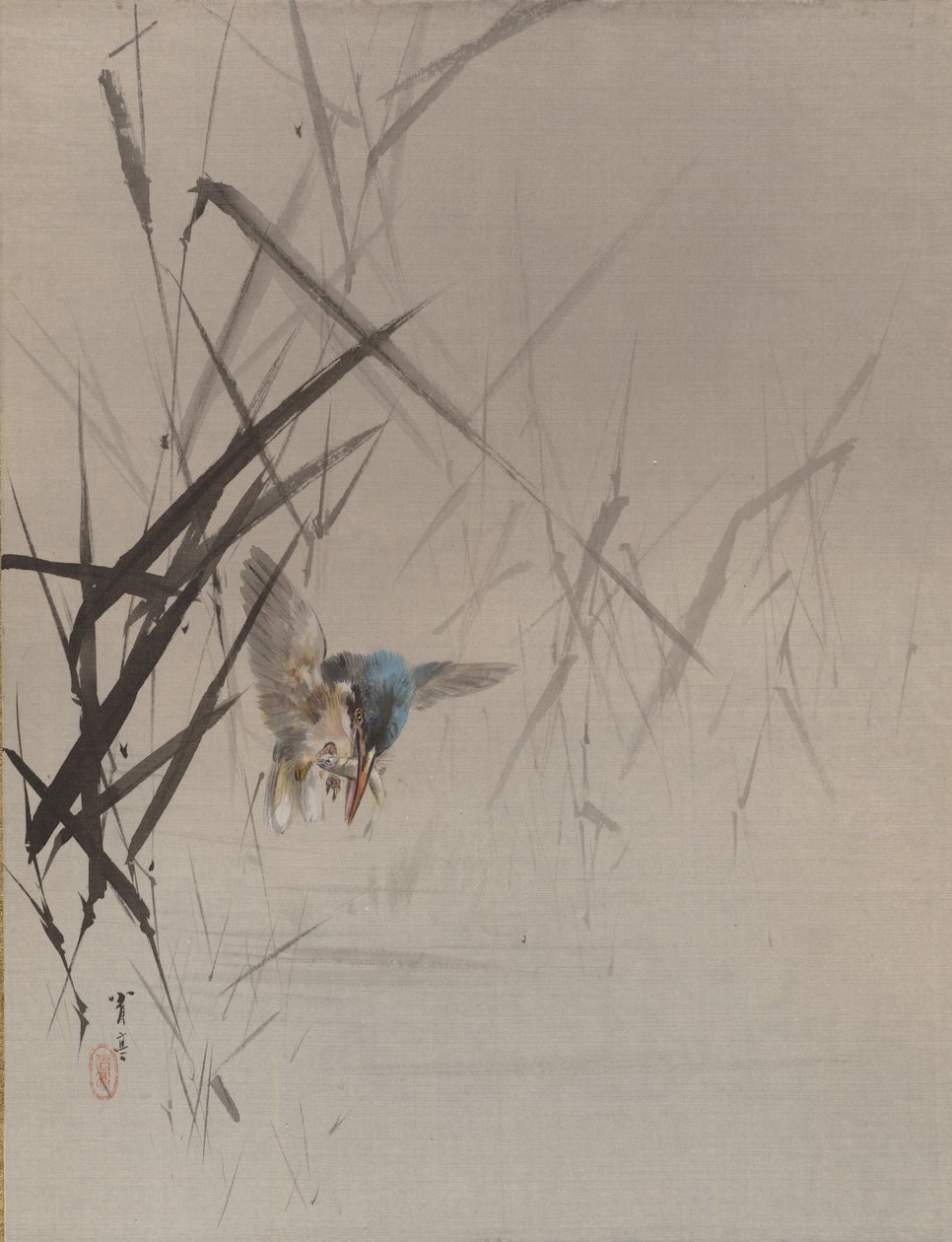 葦の間で魚を捕る鳥、ca。 1887。 作： 渡辺ページイ