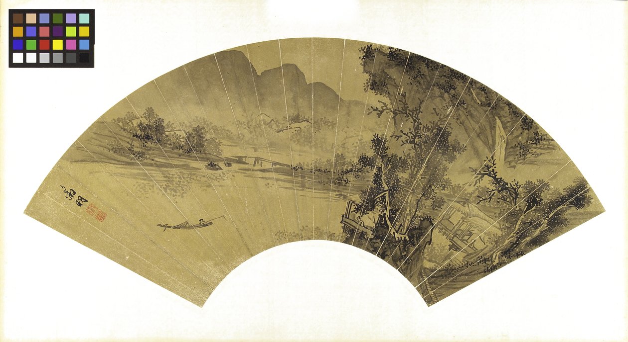 湖、橋、漁師のいる風景（金の紙にインク） 作： 文正明