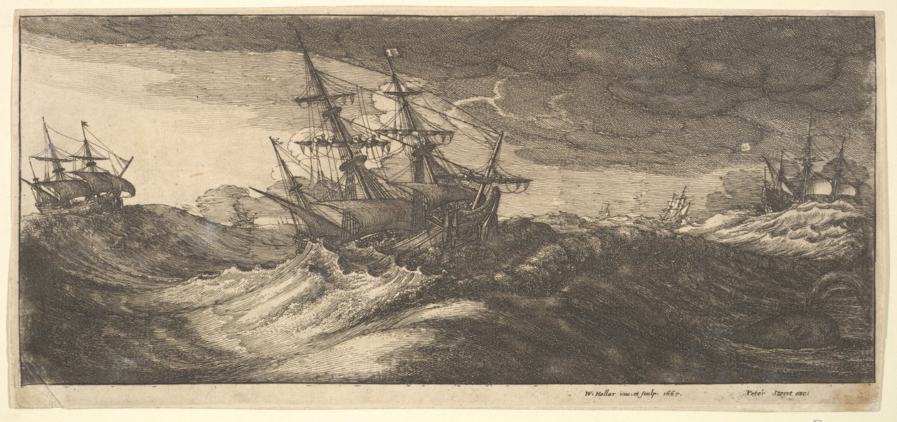 軍艦と噴き出すクジラ、1665 年。 作： ヴァーツラフ・ホラー