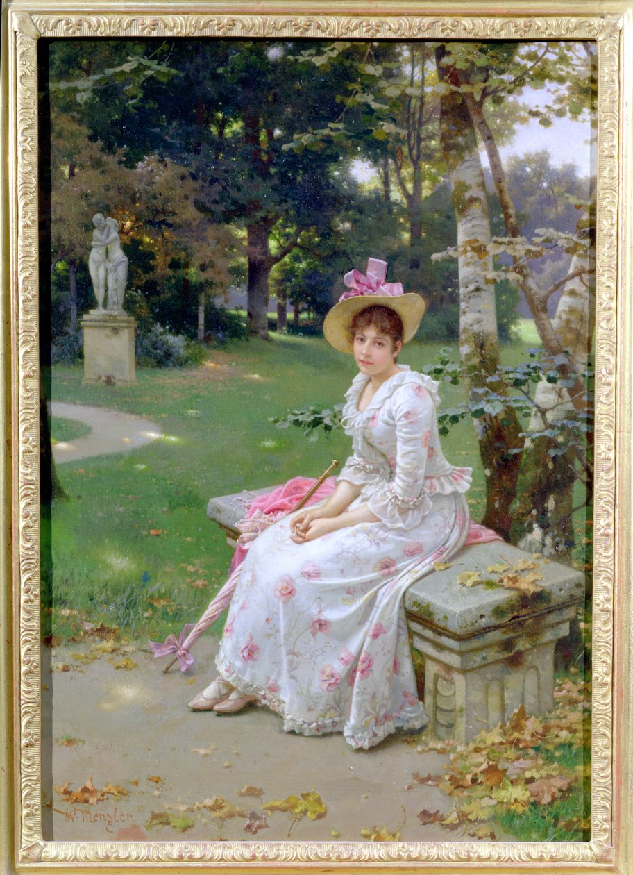 日傘と公園のベンチで待っている若い女性 作： ヴィルヘルム・メンツラー
