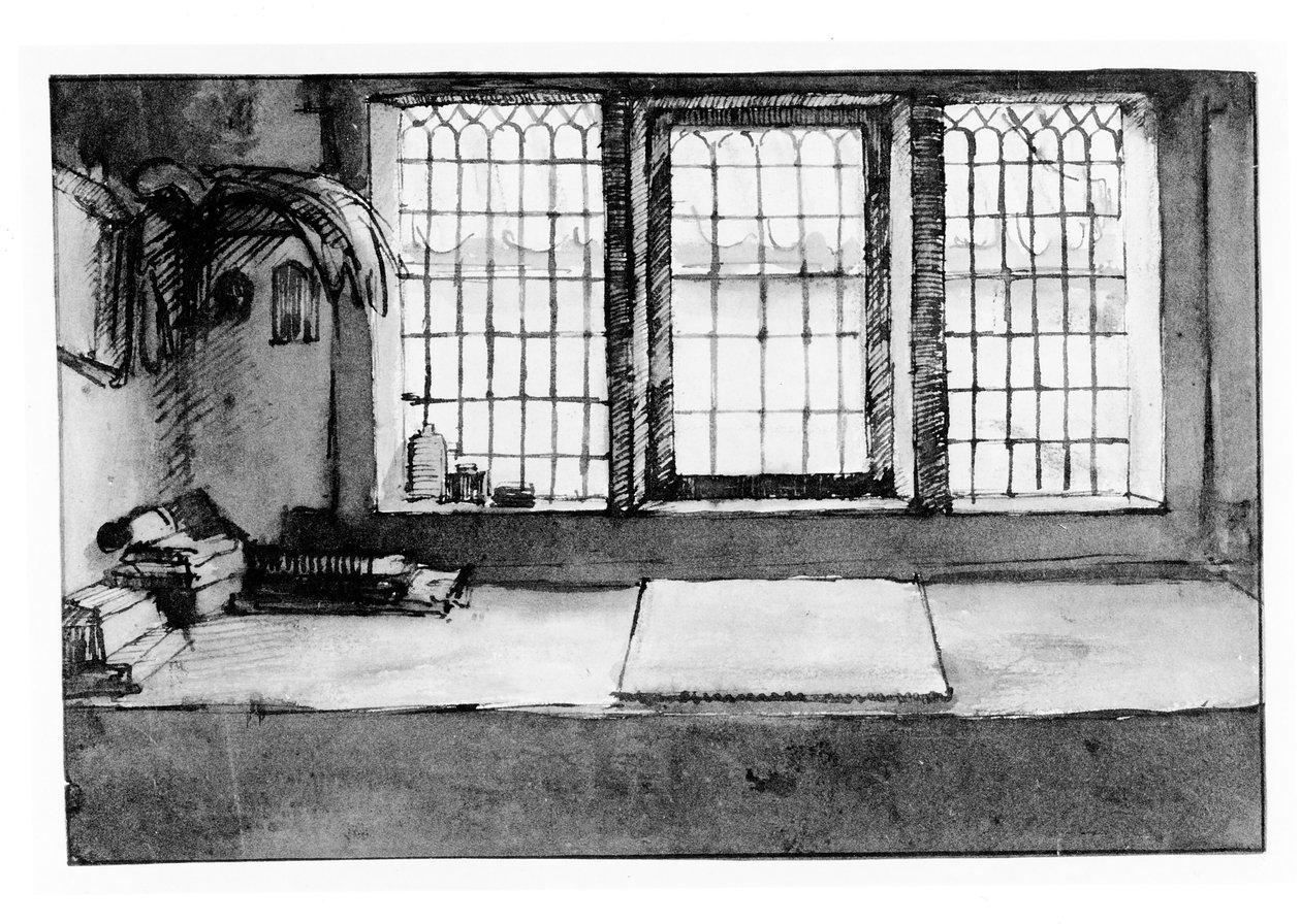 川を見下ろす窓のアーティストの作業台、1650年頃（ペン、インク、紙に洗って） 作： ウィレム・ドロスト