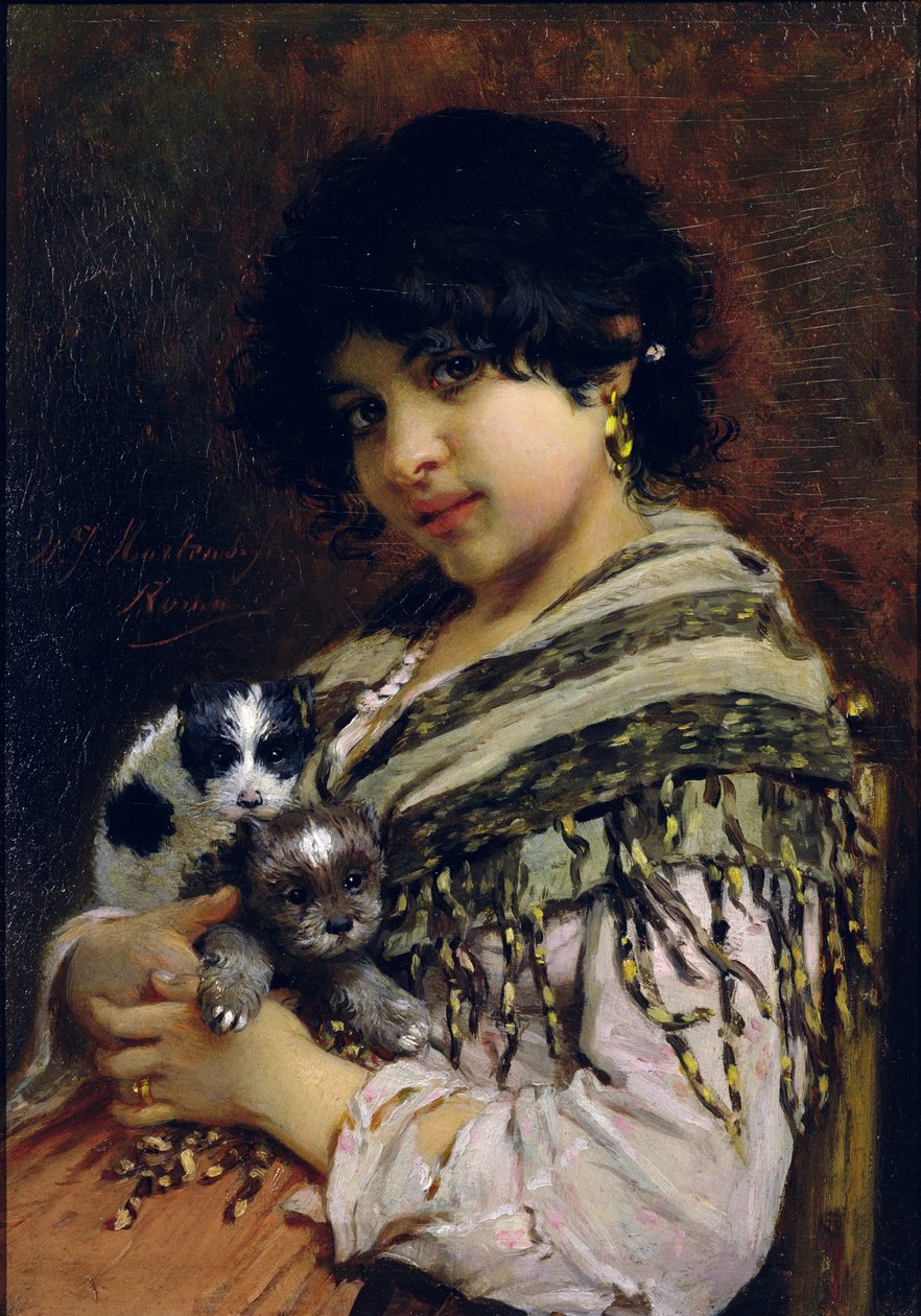 2つの子犬を持つジプシーの少女 作： ウィレム・ヨハネス・マルテンス