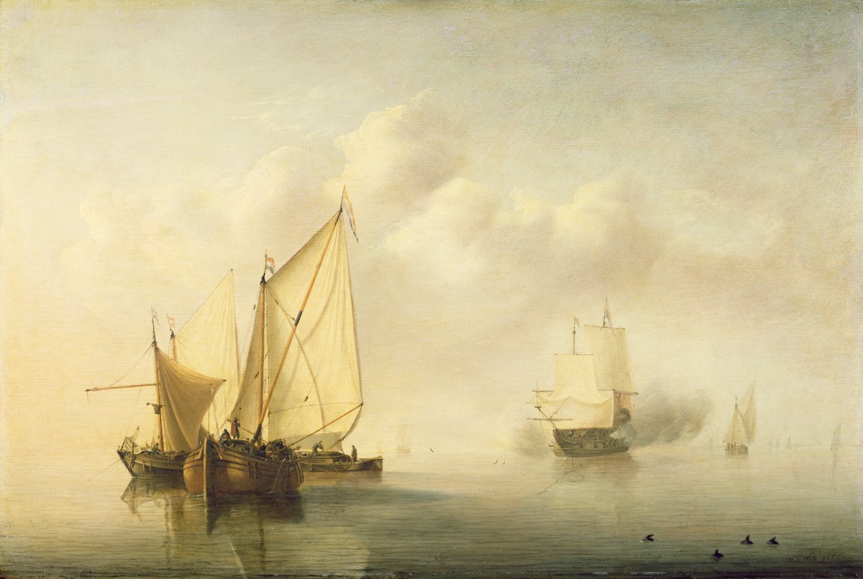 穏やかな海、1653年（オークに油彩） 作： ウィレム・ヴァン・デ・ベルデ