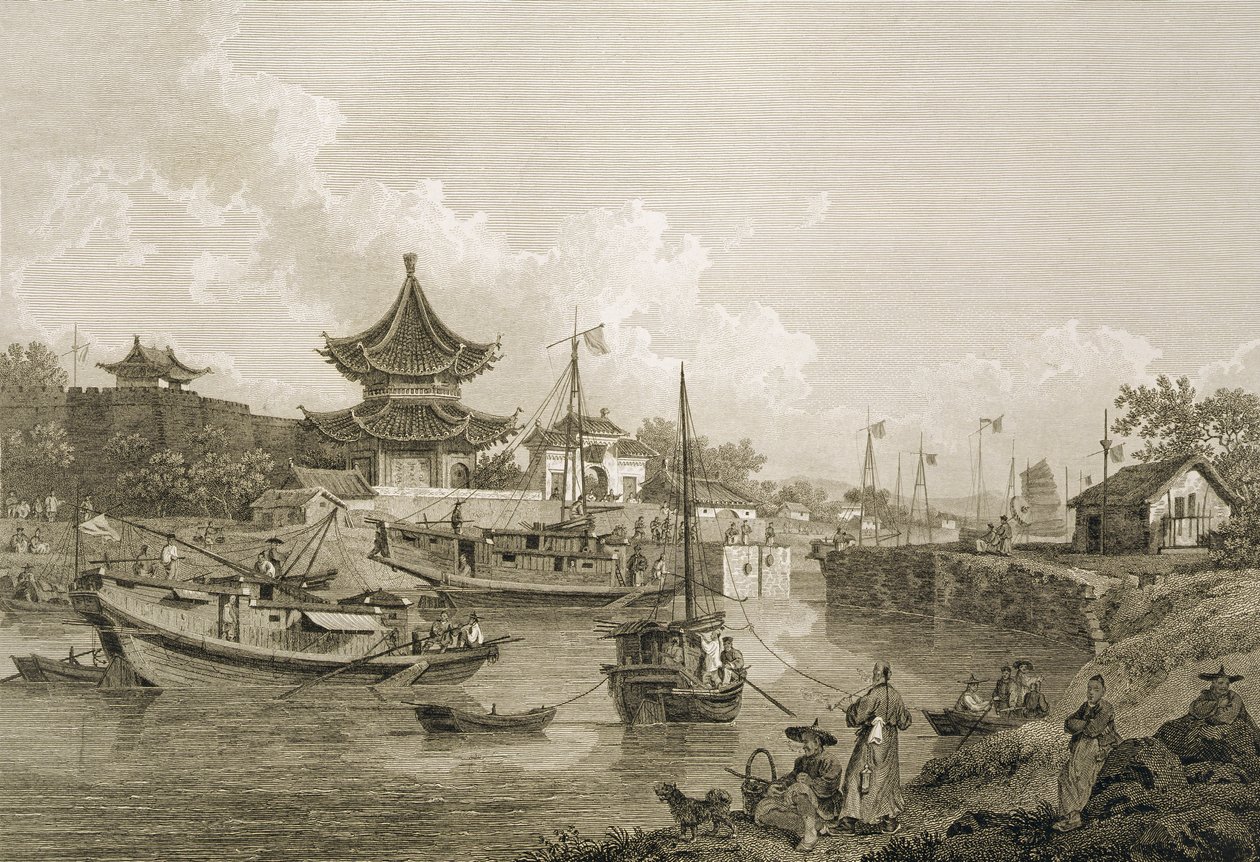 大運河の水門を通過する中国大使館のはしけ。ベンジャミントーマスポンシー（fl.1772-99）パブによって刻まれています。 G・ニコル、1796 作： ウィリアムアレクサンダー