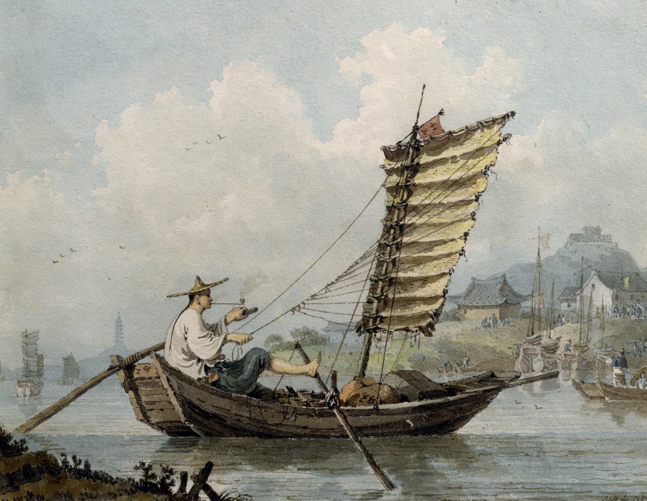 ジャンクで喫煙している中国人船員、1795年（トイレ） 作： ウィリアムアレクサンダー