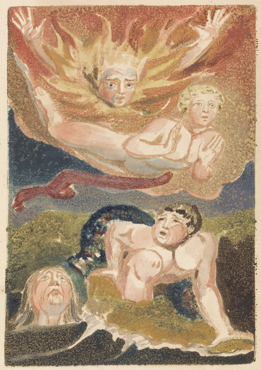 炎、空、海、緑の大地から出てきた4人の裸の男性、1794年の最初の本、ウリゼン（WCによるレリーフエッチング）のプレート22 作： ウィリアム・ブレイク