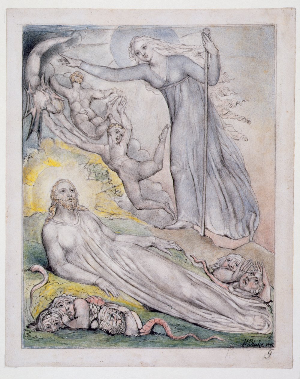 ジョン・ミルトンの「パラダイス・レゲインド」のイラスト、1816-18年頃のファントムを追う朝（ペンとインク、灰色のウォッシュ、紙にトイレ） 作： ウィリアム・ブレイク