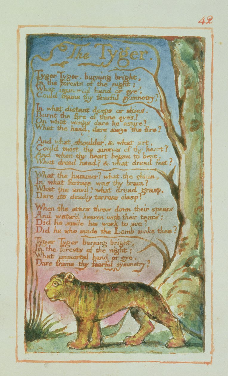 P.125-1950.pt42 The Tyger：Songs of Innocence and of Experience（copy AA）c.1815-26（etching、ink and wc）のプレート42 作： ウィリアム・ブレイク