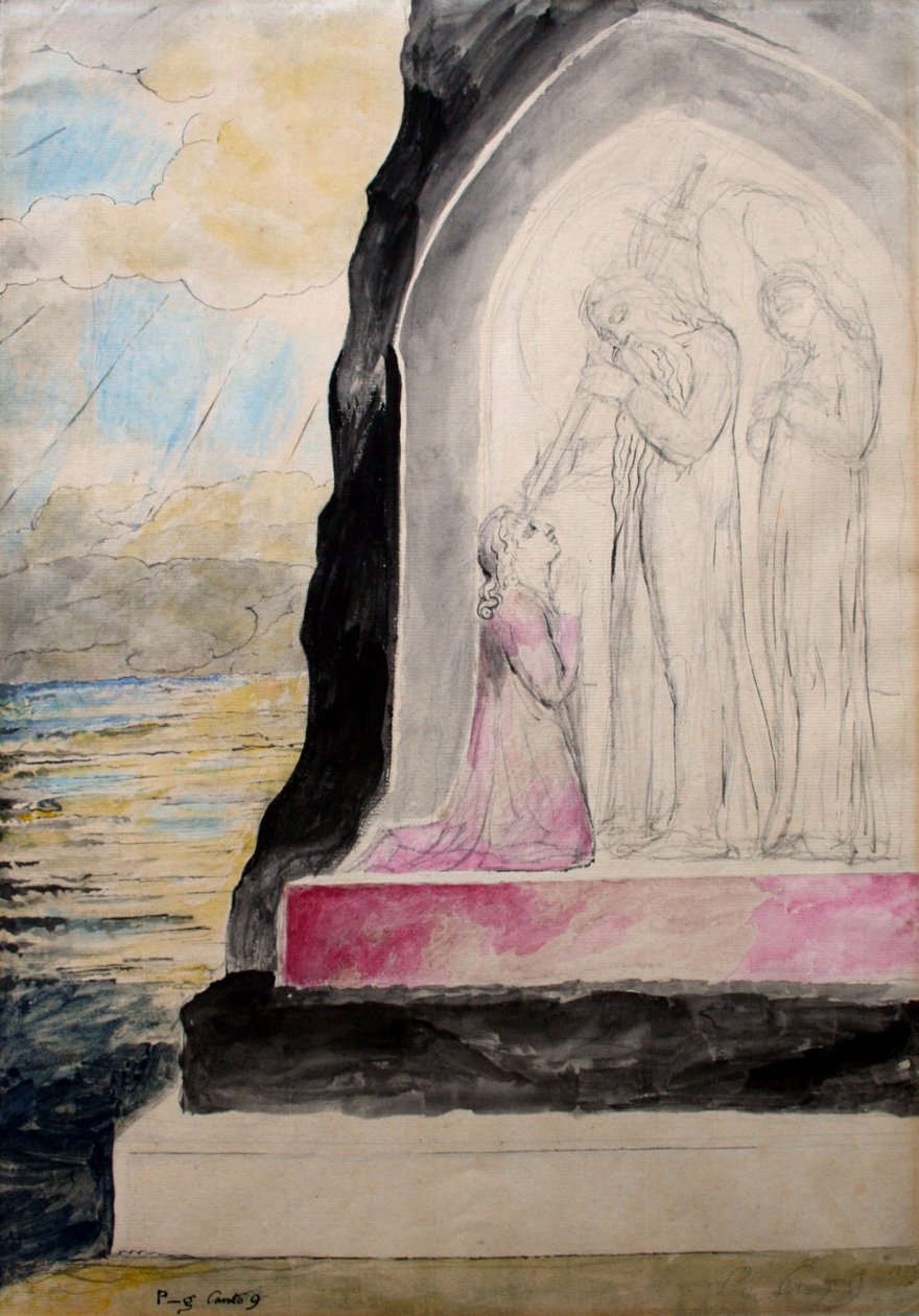 剣を刻印した天使と「七つ折りのダンテ」、「プルガトリオ」のイラスト、ダンテの神曲、c.1825-27（紙にトイレとペンとインク） 作： ウィリアム・ブレイク