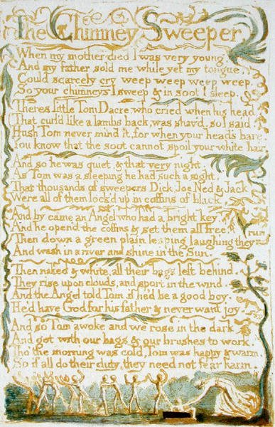 煙突掃除人、Songs of Innocence、1789年の版13（紙にトイレでレリーフエッチング） 作： ウィリアム・ブレイク
