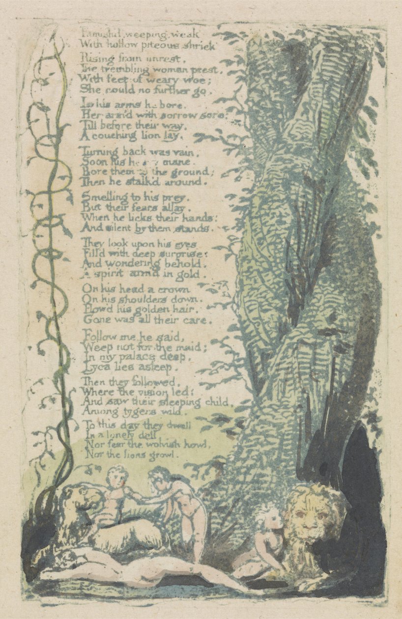 The Little Girl Found、and Famishd weeping ...、plate 2 from The Songs of Innocence、1789（hand-color-lielieetch with watercolour） 作： ウィリアム・ブレイク