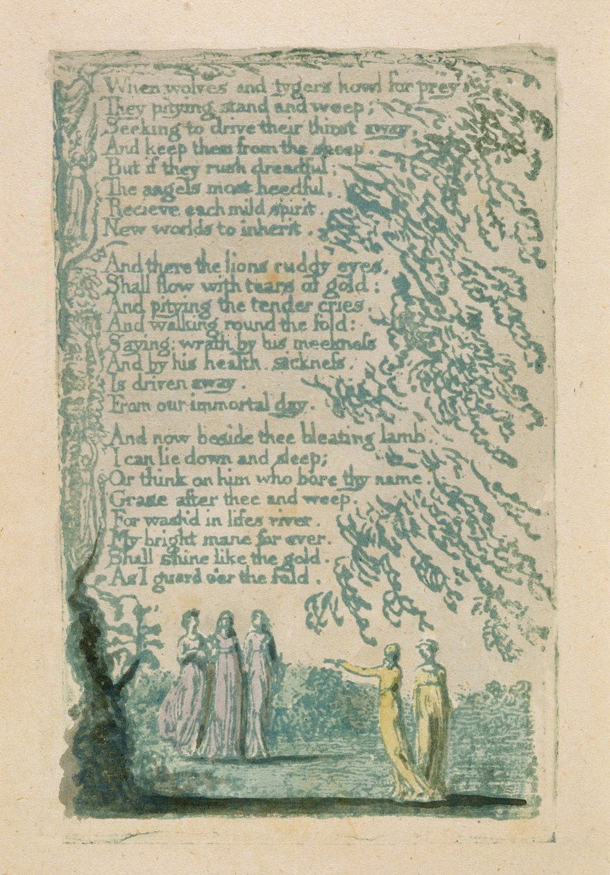 「Wolves and tygers ...」のプレート30、「Songs of Innocence」、1789年（水彩で手描きのレリーフエッチング） 作： ウィリアム・ブレイク