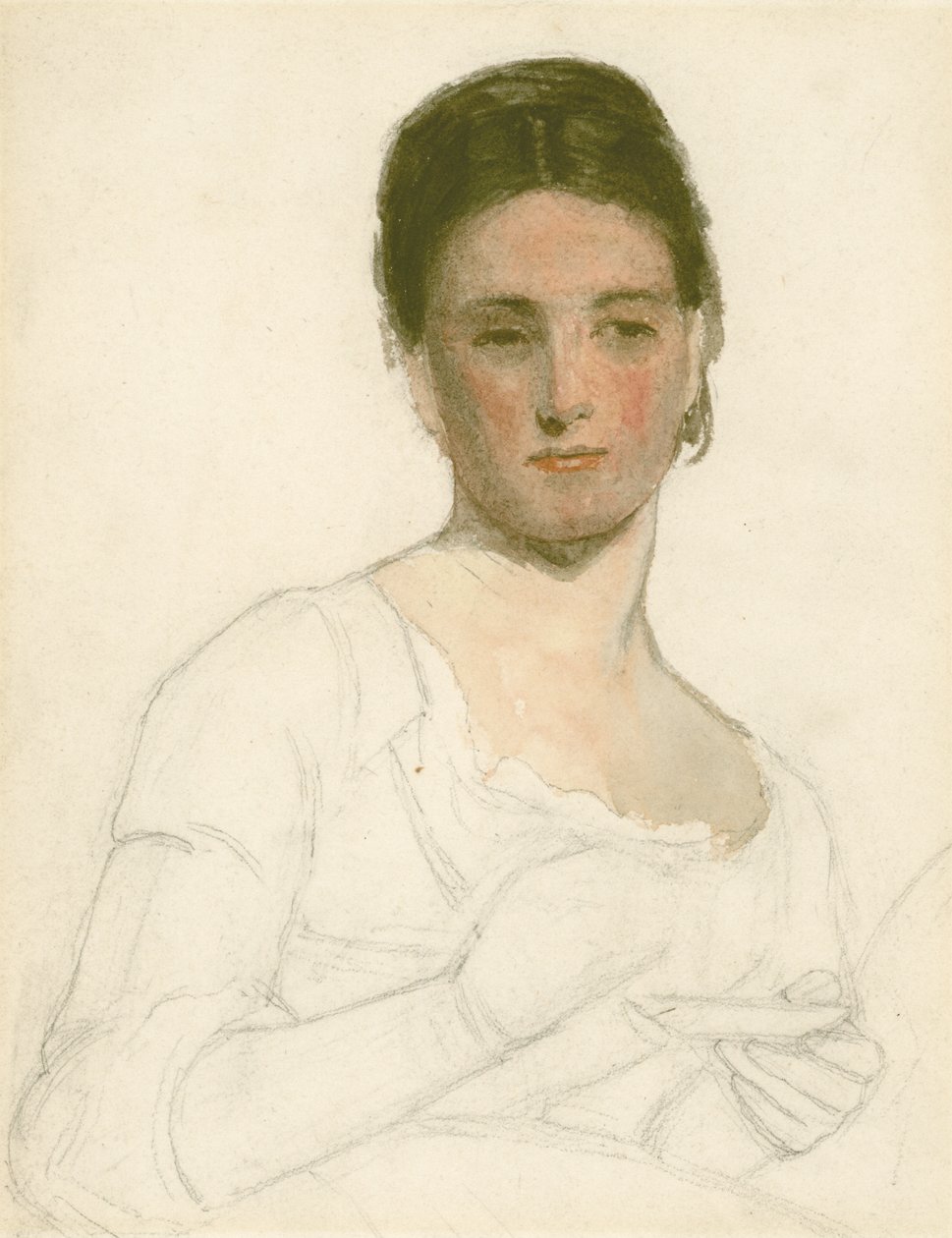 カップとソーサーを保持している若い女性のスケッチ、c.1875（紙に鉛筆とトイレ） 作： ウィリアム・モリス