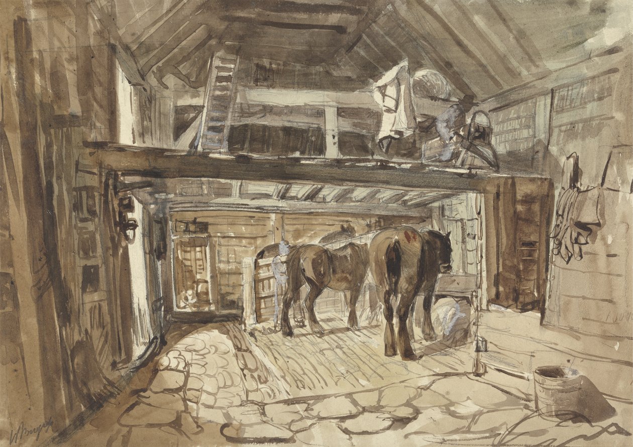 馬小屋の内部、2頭の馬への給餌（グラファイト、ペン、インク、紙の上で洗浄） 作： ヘンリー・ウィリアム・バージェス