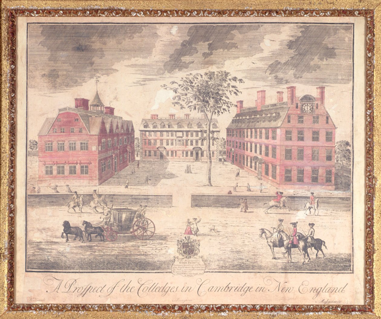 ニューイングランドのケンブリッジにあるカレッジの展望、ジョンハリス（fl.1686-1740）、1726（手書きの彫刻）による彫刻 作： ウィリアム・ブルギス