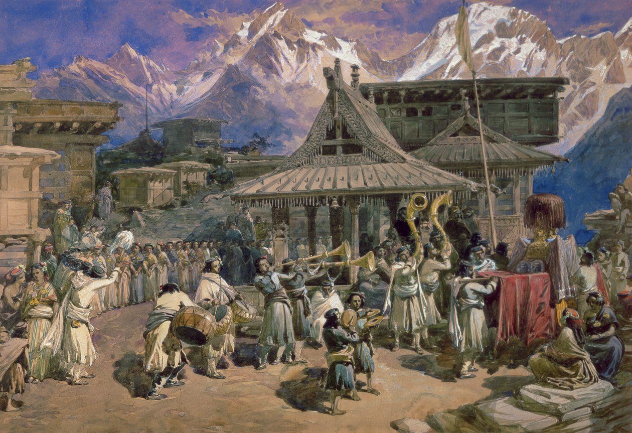プジャとチニバシャール、ヒマラヤ、c.1859-66（wc） 作： ウィリアムクリミアシンプソン