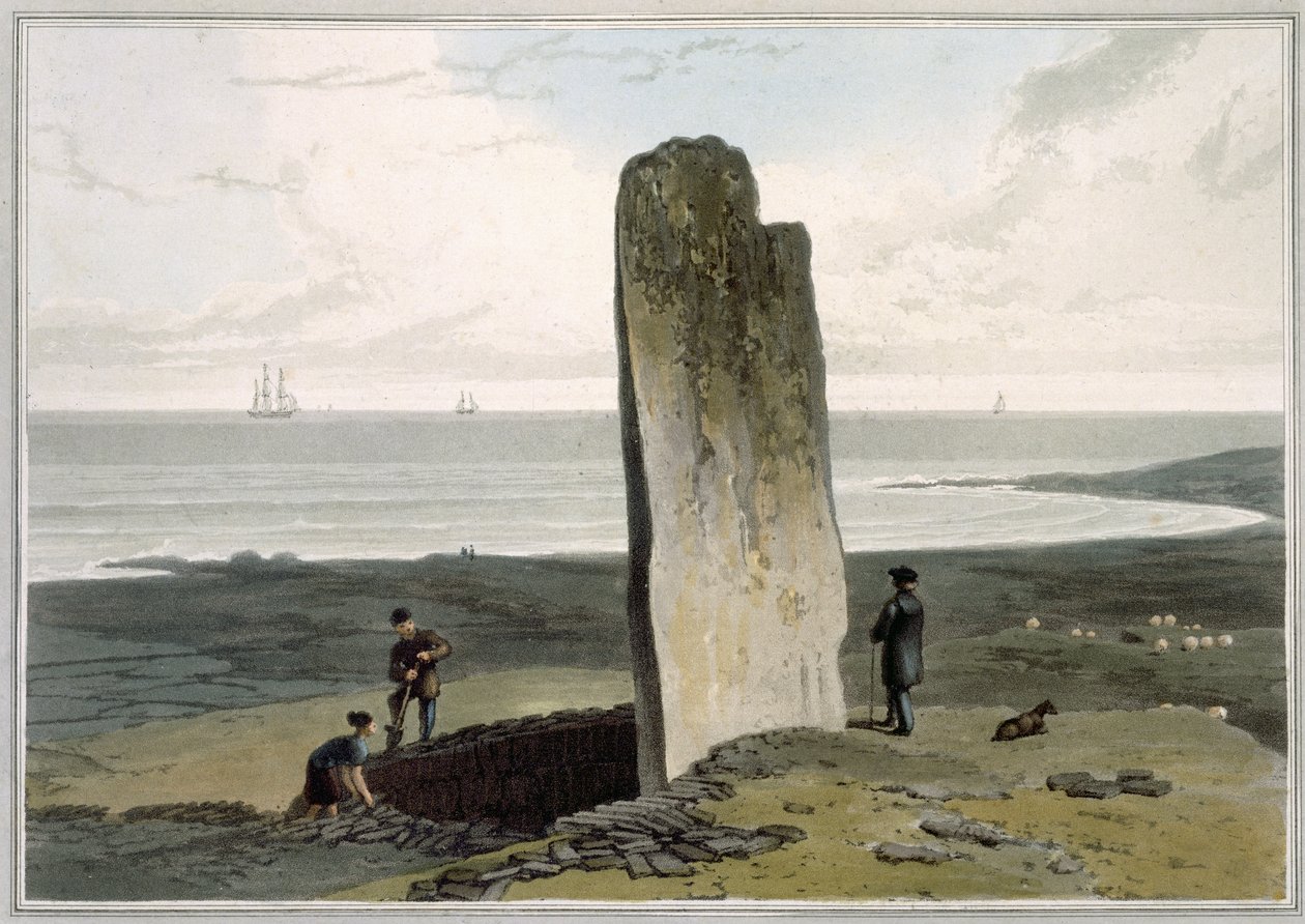 「1814年から1825年にかけて行われたイギリス周辺の航海」第4巻のルイス島、バルバス近くのStratherにあるドルイドの石、1820年公開（アクアチント） 作： ウィリアム・ダニエル