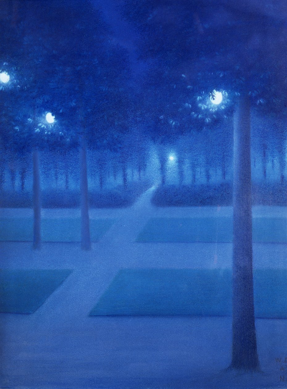 パルクロイヤルの夜景、ブリュッセル、1897年（紙にパステル） 作： ウィリアム・デゴーブ・デ・ヌンク