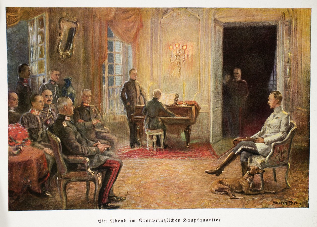 本社のパブでピアノリサイタルを聞いているドイツの皇太子ウィリアム。 1917（カラーリトグラフ） 作： ウィリアム・フリードリヒ・ゲオルグ・パプ