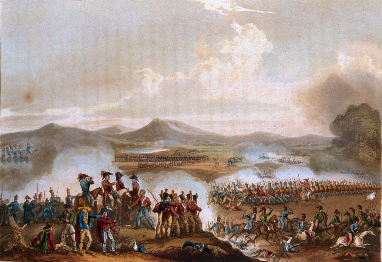 タラベラの戦い、1809年7月28日、「イギリスとその同盟国の1799年から1815年までの武道の成果」から、T。サザーランドによって彫刻され、J。ジェンキンスによって出版され、1815年6月1日（カラーアクアティ 作： ウィリアム・ヒース
