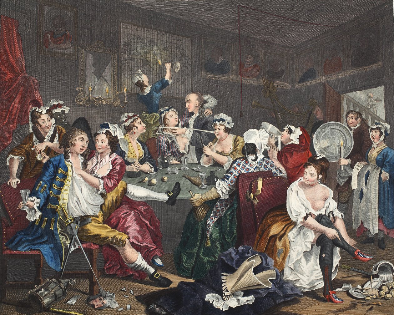 Orgy、「A Rake&39;s Progress」のプレートIII、「Hogarth Restored：The Whole Works of the Celebrated William Hogarth、re-engraved by Thomas Cook」、パブ。 1812（手塗りの彫刻） 作： ウィリアム・ホガース