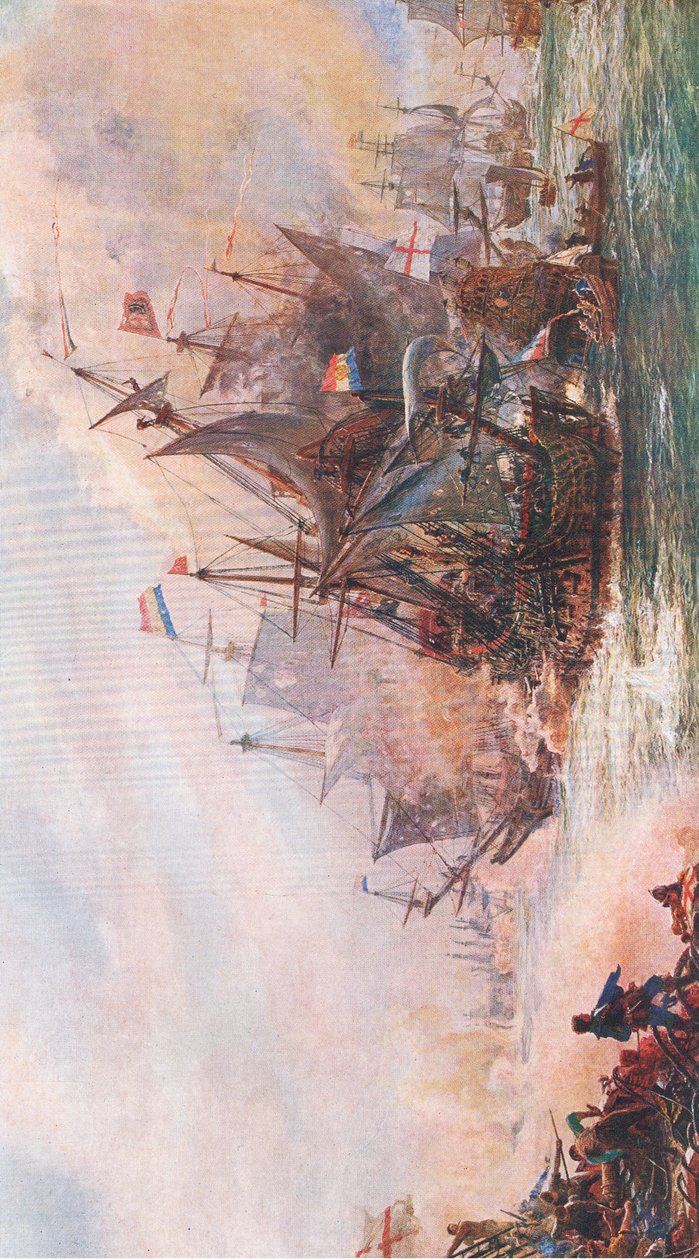 ブレイクのフォントランプ1652との3日間の婚約、ウェーバリー発行のイギリス人の歴史のイラスト、c.1940 作： ウィリアムライオネルワイリー