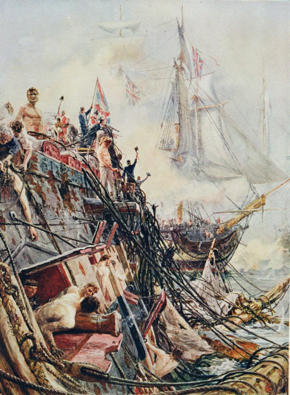 不自由だが征服されていない：1805年10月21日、トラファルガーの戦いでの「ベリーズレ」、サーエブリンウッド（1838-1919）が編集した「イギリス領土と海の戦い」1915年（カラーリソ） 作： ウィリアムライオネルワイリー