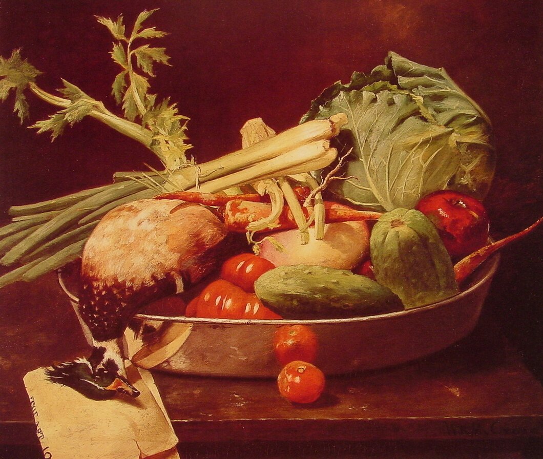 野菜のある静物 作： ウィリアム・メリット・チェイス