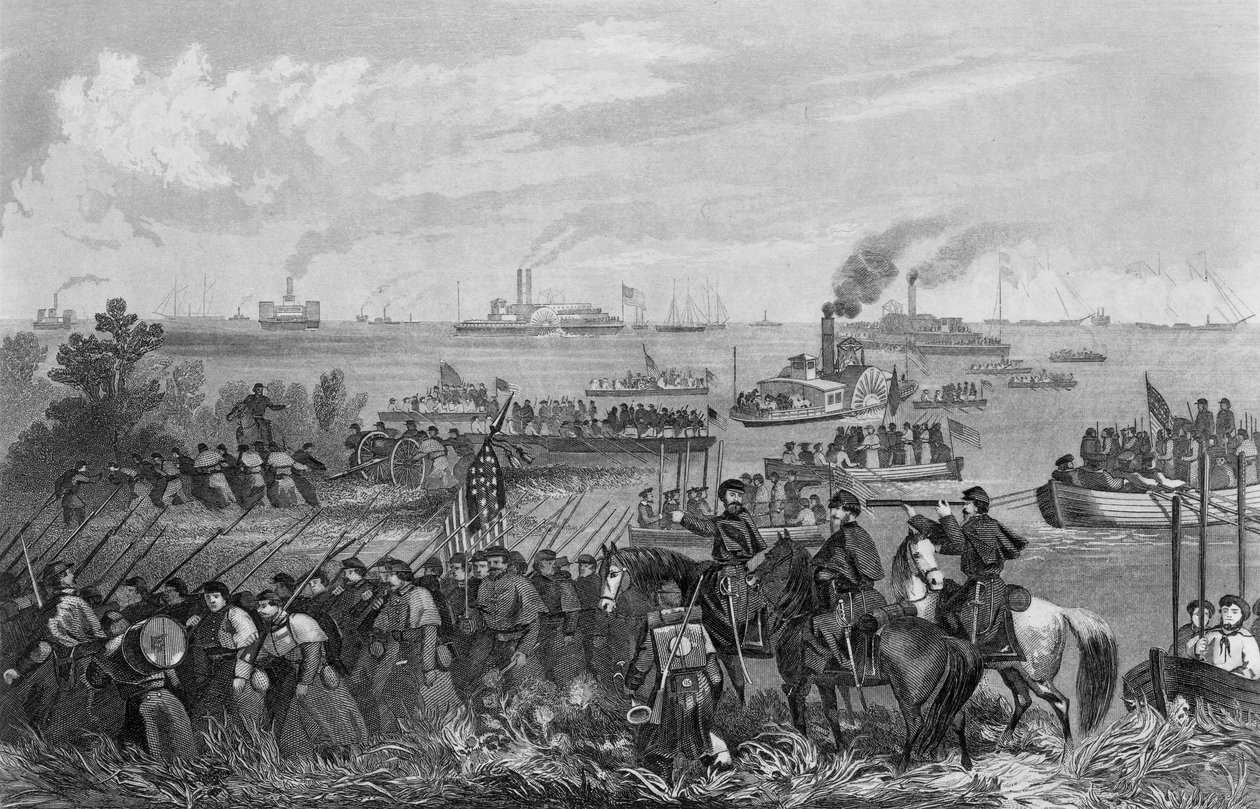 1862年2月8日、バーンサイド探検隊、ロアノーク島への軍の着陸、ジョージE.ペリーヌによって彫刻 作： ウィリアム・モンバーガー