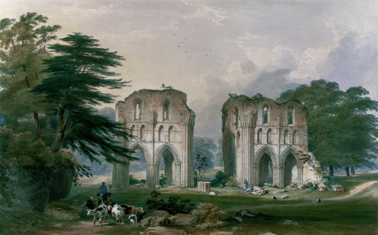 ロッシュ修道院、西からの眺め、「ヨークシャーの修道院の遺跡」から、ジョージホーキンス（1819〜52年）によって彫刻され、1842年 作： ウィリアム・リチャードソン