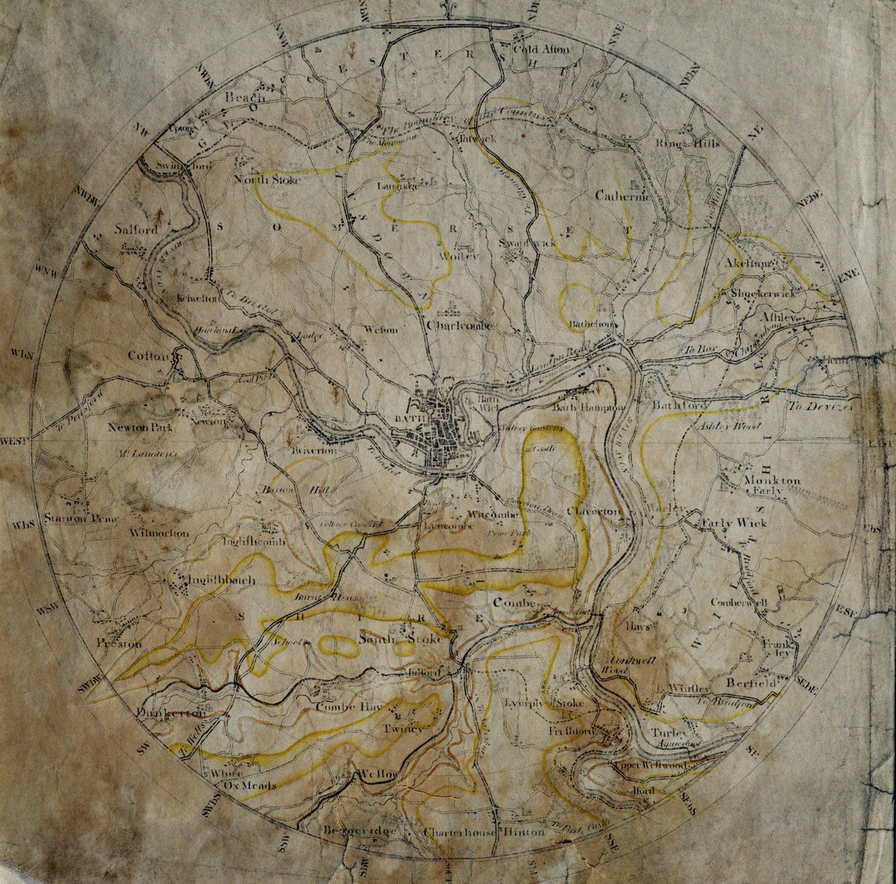 バース周辺の地質図。ジョンケアリーが彫刻し、アーティストが手描きで彩色したもの。c.1799 作： ウィリアム・スミス