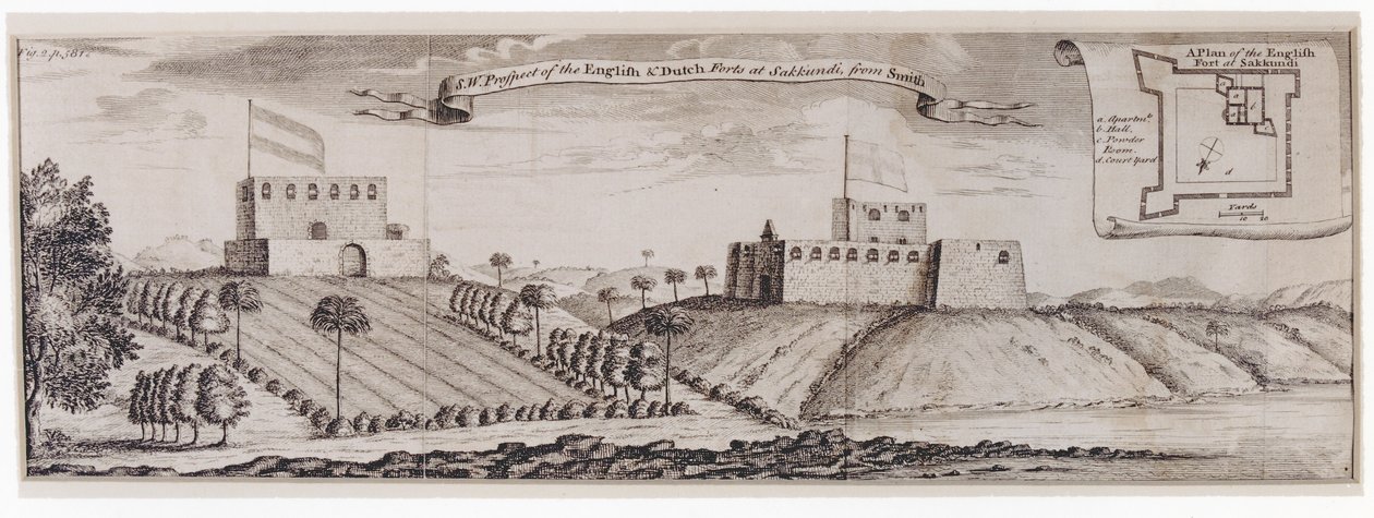 サククンディのイギリスとオランダの砦の南西展望、1744年頃 作： ウィリアム・スミス