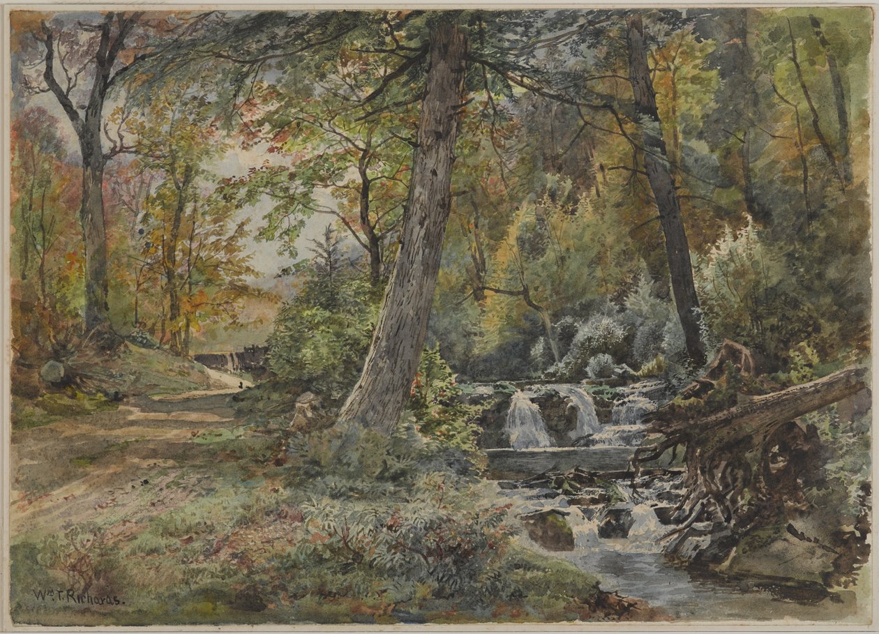 川と道路のある風景、チェスター郡、c.1886（オフホワイト、適度に厚く、適度にテクスチャのある織り紙のグラファイトの上にトイレ） 作： ウィリアム・トロスト・リチャーズ