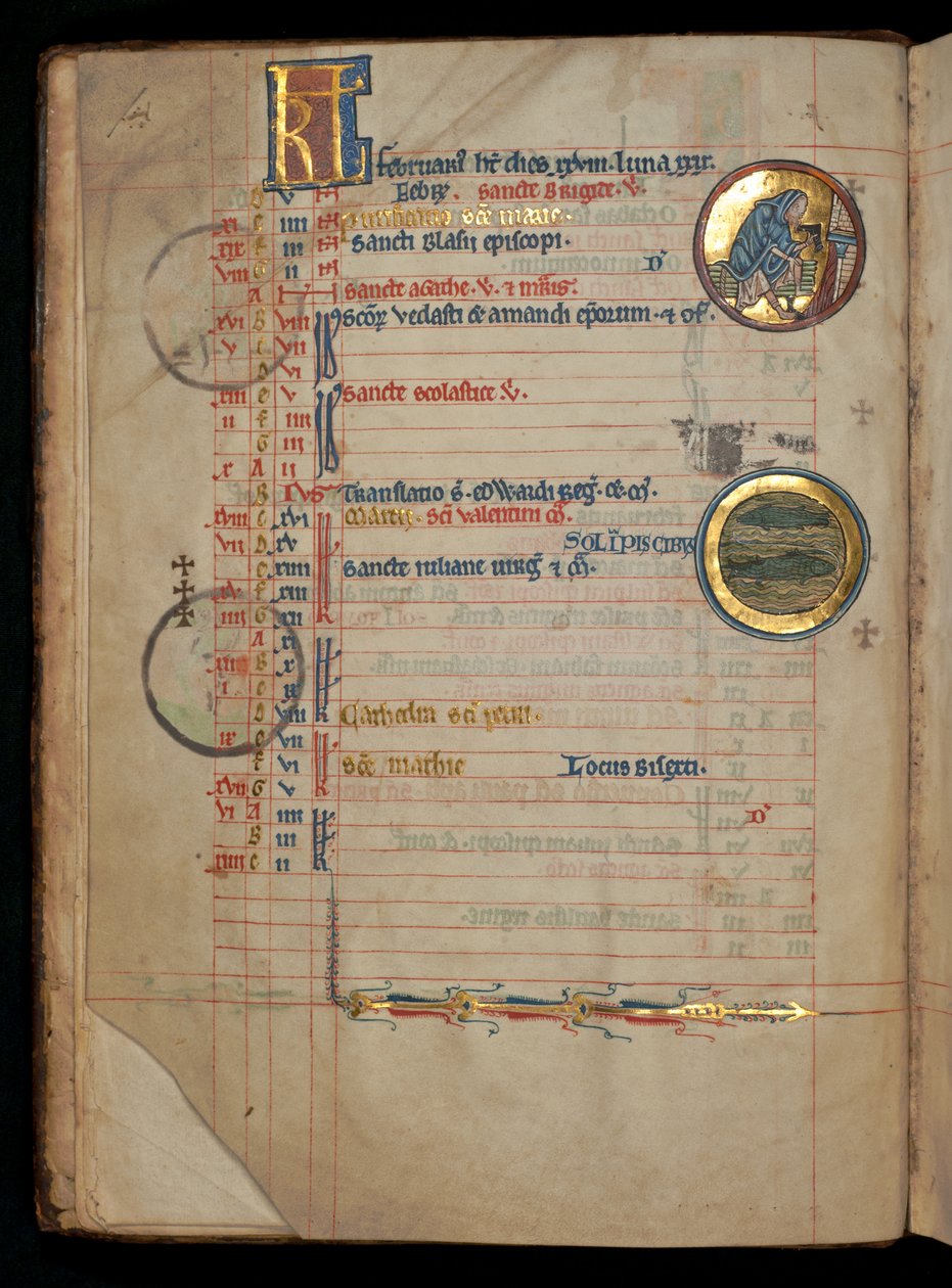 Ms 322 f.1v、2月、火のそばで靴を脱いでいる男性、「De Brailes Psalter」のイラスト、c.1250 作： ウィリアム・ド・ブレイルズ
