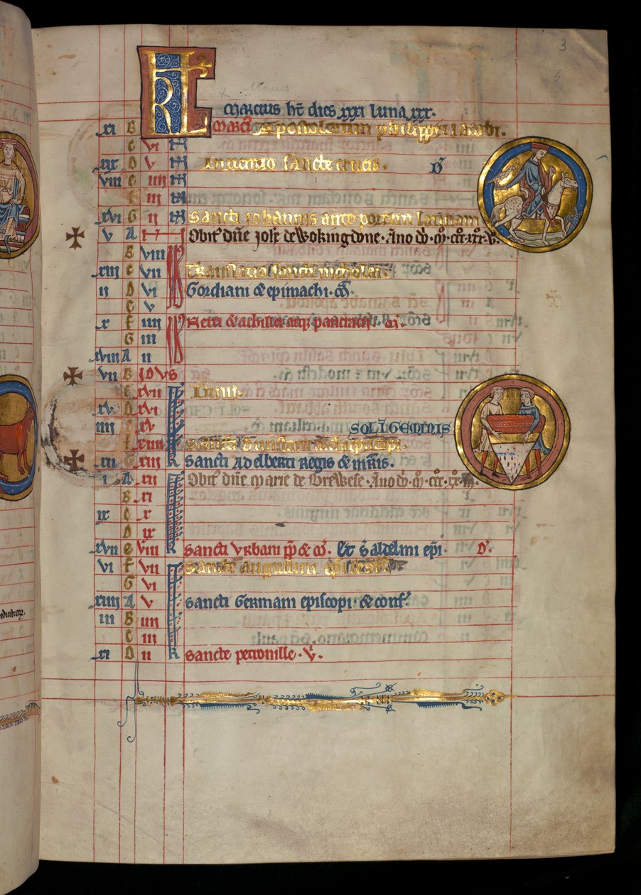Ms 322 f.3r、May、a falconing、a illustration from &39;De Brailes Psalter&39;、c.1250 作： ウィリアム・ド・ブレイルズ